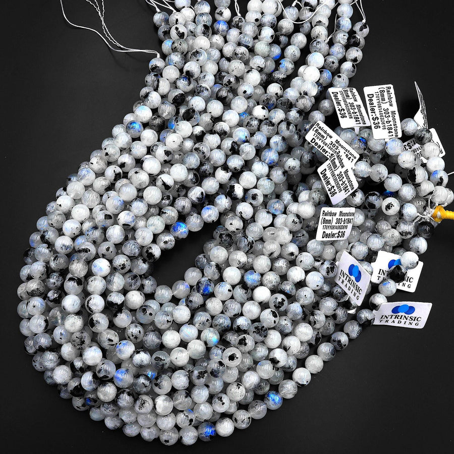 Rainbow Moonstone 6mm 8mm 10mm 12mm Round Beads Blue Flashes W Black Tourmaline 15.5" Strand