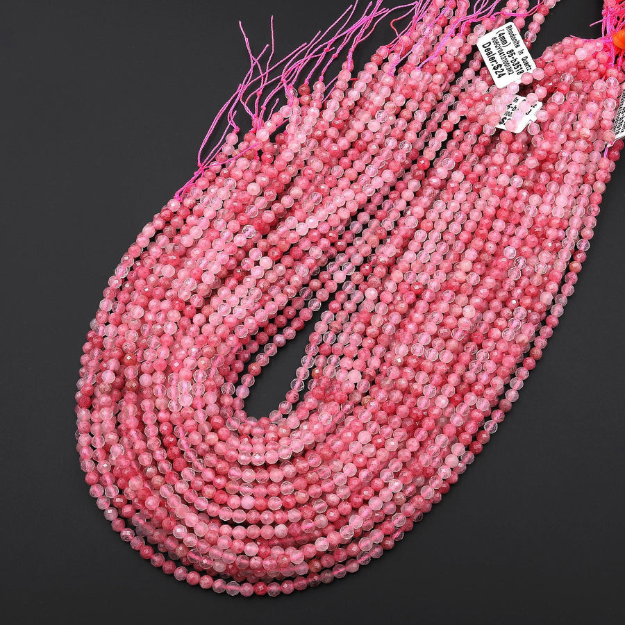 AAA Faceted Natural Pink Rhodonite In Quartz Beads 3mm 4mm Round Beads 15.5" Strand