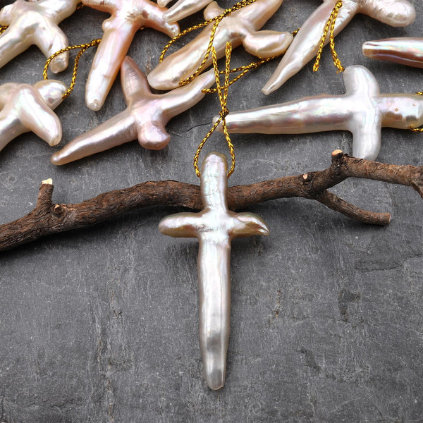 AAA Rare Large Metallic Soft Peach Pink Apricot Natural Pearl Pendant Wild Cross Shape Top Side Drilled A1