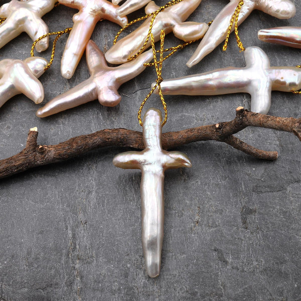 AAA Rare Large Metallic Soft Peach Pink Apricot Natural Pearl Pendant Wild Cross Shape Top Side Drilled