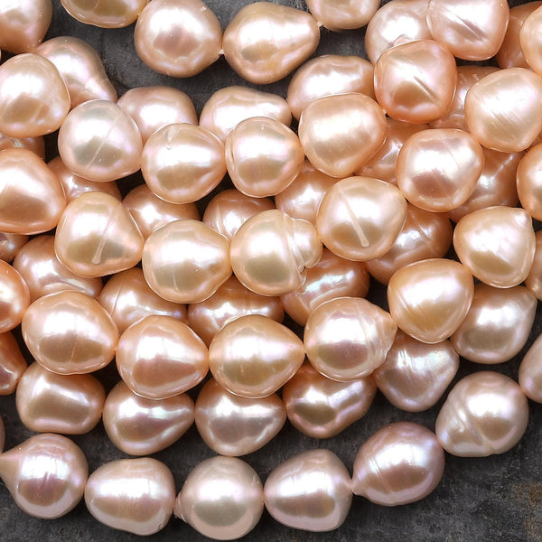 Genuine Natural Peach Apricot Smooth Teardrop Freshwater Pearl Shimmery Iridescent Classic Pearl 15.5" Strand