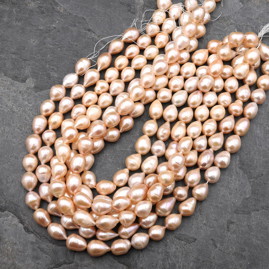 Genuine Natural Peach Apricot Smooth Teardrop Freshwater 12mm 14mm Pearl Shimmery Iridescent Classic Pearl 15.5" Strand