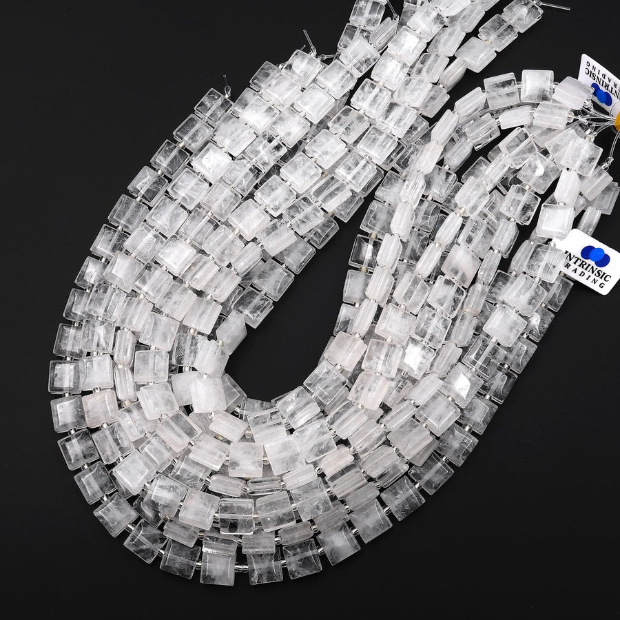 Natural Rock Crystal Quartz Square Cushion Beads w/ Grooved Line Around 15.5" Strand