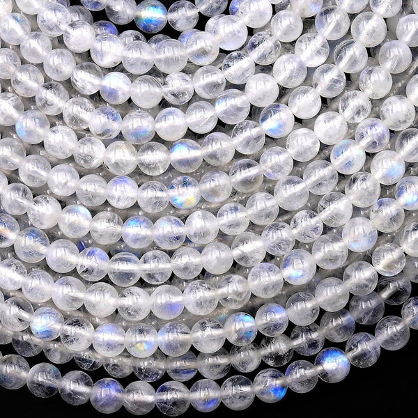 AAA Natural Rainbow Moonstone 4mm Round Beads Blue Flashes 15.5" Strand