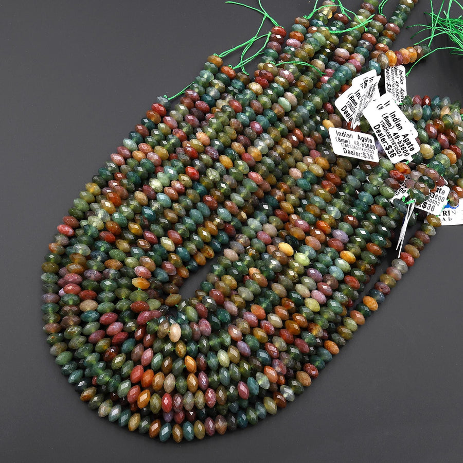 AAA Colorful Translucent Natural Indian Agate 8mm Faceted Thin Rondelle Gemstone Beads 15.5" Strand
