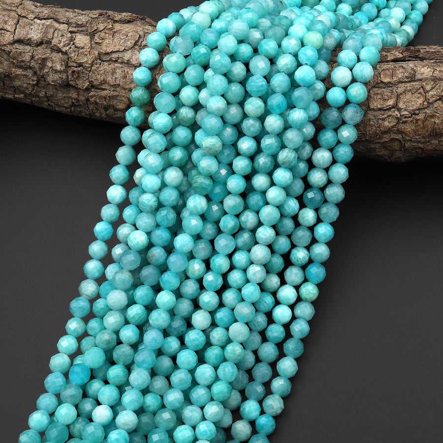 AAA Faceted Natural Blue Peruvian Amazonite 6mm Round Beads 15.5" Strand