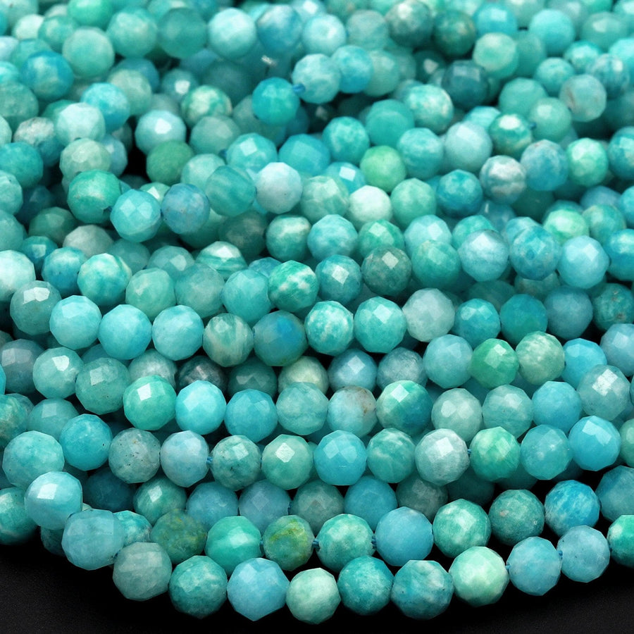 Natural Russian Amazonite Faceted 3mm 4mm 6mm 8mm Round Beads Stunning Natural Sea Blue Green Micro Laser Diamond Cut Gemstone 15.5" Strand