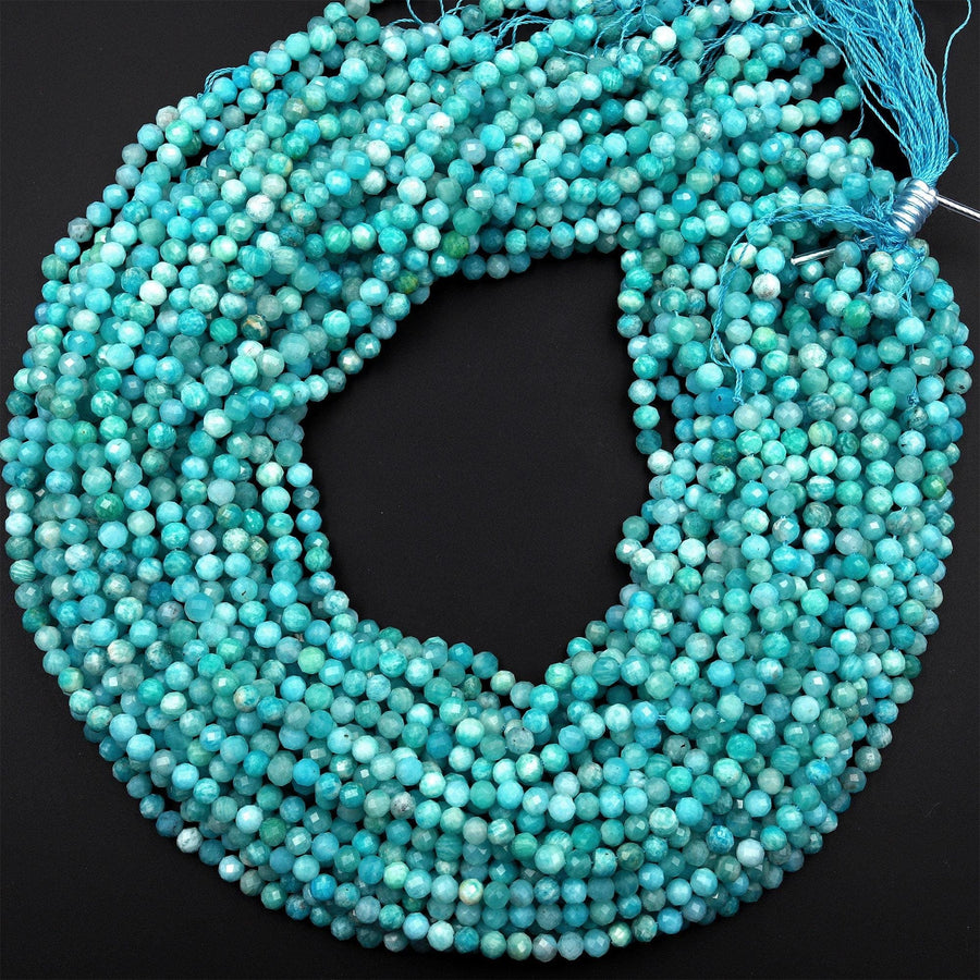Natural Russian Amazonite Faceted 3mm 4mm 6mm 8mm Round Beads Stunning Natural Sea Blue Green Micro Laser Diamond Cut Gemstone 15.5" Strand