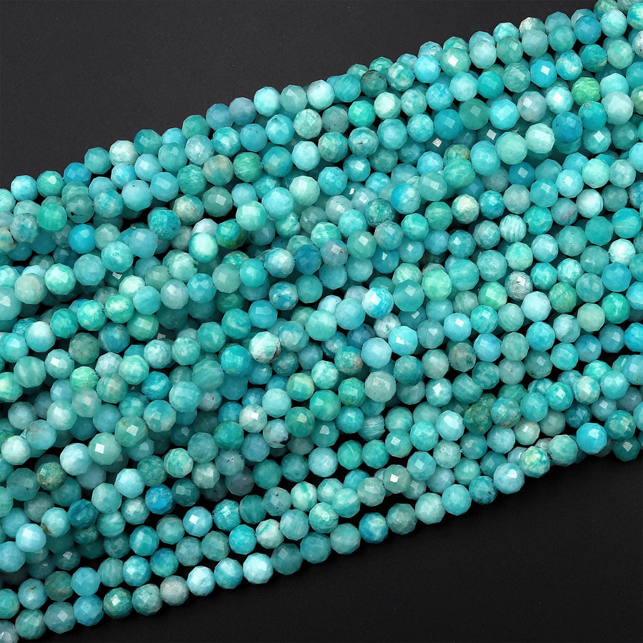 Natural Russian Amazonite Faceted 3mm 4mm 6mm 8mm Round Beads Stunning Natural Sea Blue Green Micro Laser Diamond Cut Gemstone 15.5" Strand