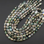 Tibetan Agate Drum Barrel Beads Dzi Green Brown Etched Spider Antique Boho 15.5" Strand