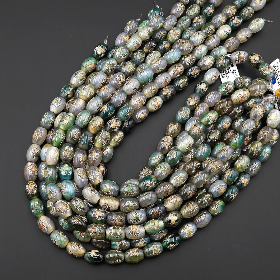 Tibetan Agate Drum Barrel Beads Dzi Green Brown Etched Spider Antique Boho 15.5" Strand