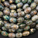 Tibetan Agate Drum Barrel Beads Dzi Green Brown Etched Spider Antique Boho 15.5" Strand