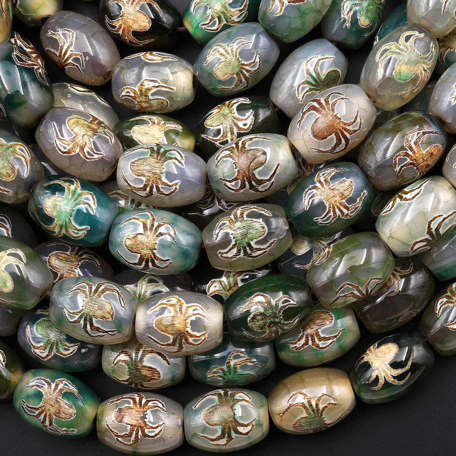 Tibetan Agate Drum Barrel Beads Dzi Green Brown Etched Spider Antique Boho 15.5" Strand