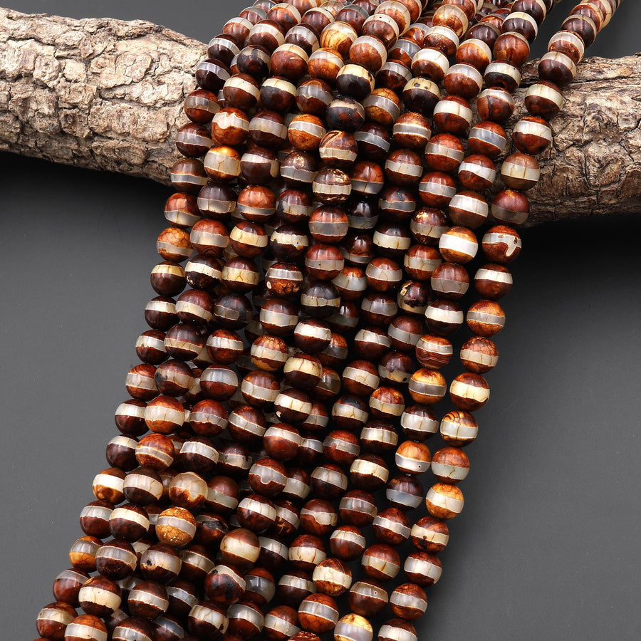 Tibetan Agate 6mm 8mm 10mm Round Beads Dzi Agate Brown Line Ring Matte Mala Antique Boho Beads 15.5" Strand