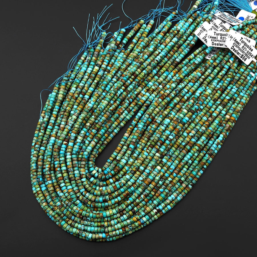 Genuine Natural Blue Green Golden Brown Turquoise 4mm Smooth Heishi Rondelle Beads 15.5" Strand