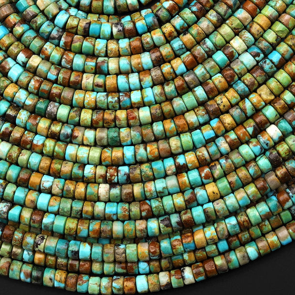 Real Natural Blue Green Golden Brown Turquoise 4mm Smooth Heishi Rondelle Beads Center Drilled 15.5" Strand