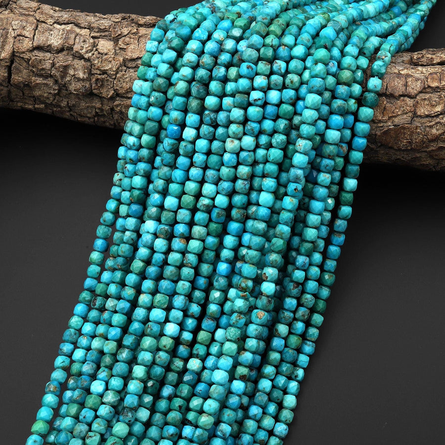 AAA Faceted Genuine Natural Blue Turquoise 4mm Cube Beads Gemstone 15.5" Strand