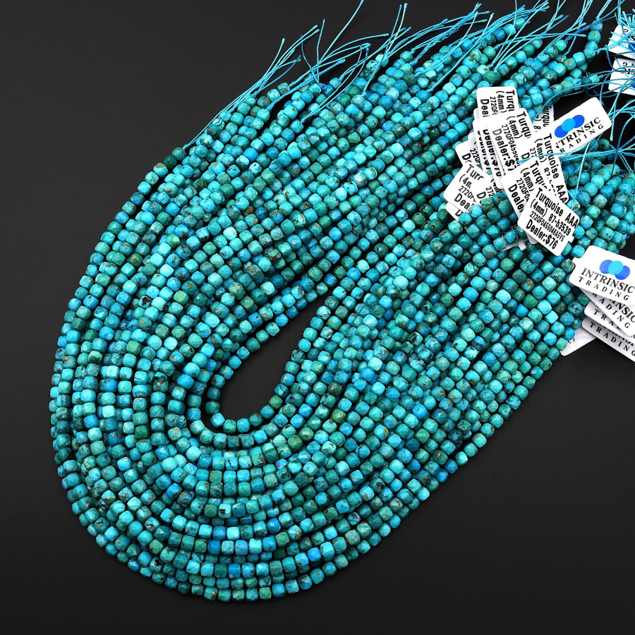 AAA Faceted Genuine Natural Blue Turquoise 4mm Cube Beads Gemstone 15.5" Strand