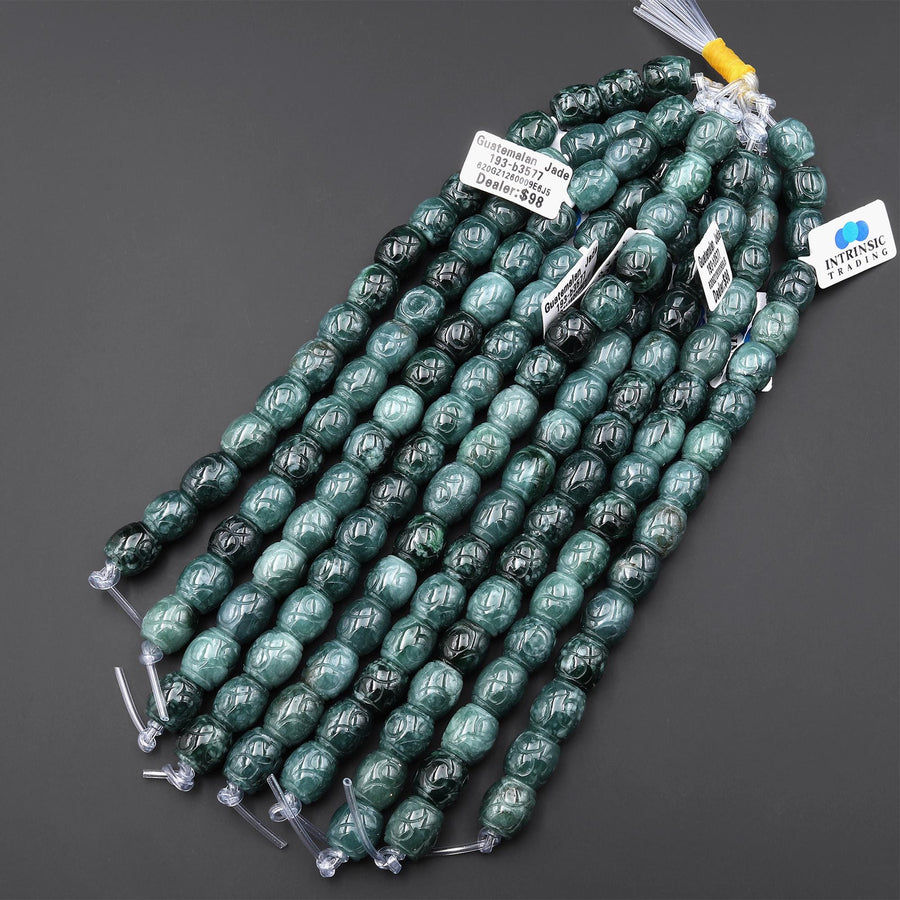Rare AAA Hand Carved Natural Guatemalan Blue Green Jade Drum Barrel Beads 7.5" Strand