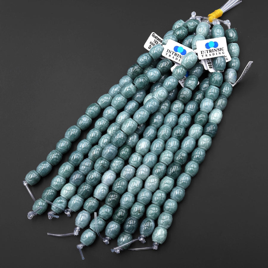 AAA Hand Carved Natural Guatemalan Blue Green Jade Drum Barrel Decorative Beads 7.5" Strand