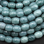 AAA Hand Carved Natural Guatemalan Blue Green Jade Drum Barrel Decorative Beads 7.5" Strand