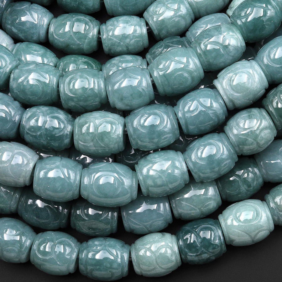 AAA Hand Carved Natural Guatemalan Blue Green Jade Drum Barrel Decorative Beads 7.5" Strand