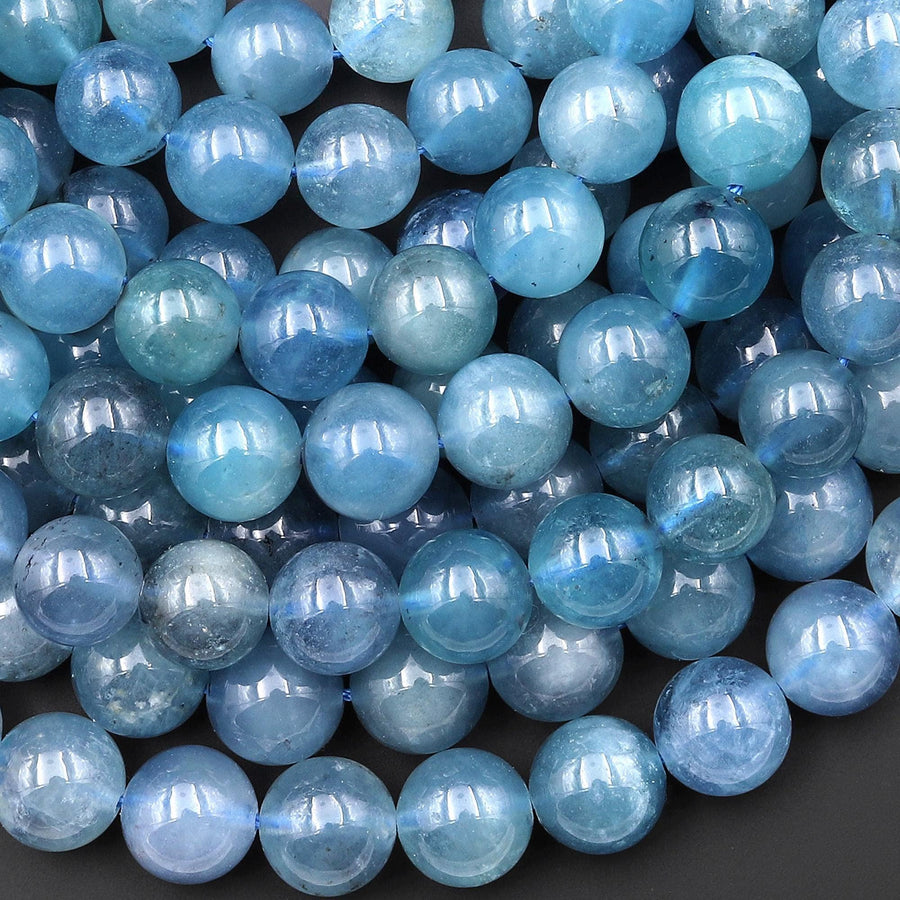 Gemmy Translucent Natural Blue Santa Maria Aquamarine 6mm 7mm 10mm 12mm Smooth Round Beads Gemstone 15.5" Strand