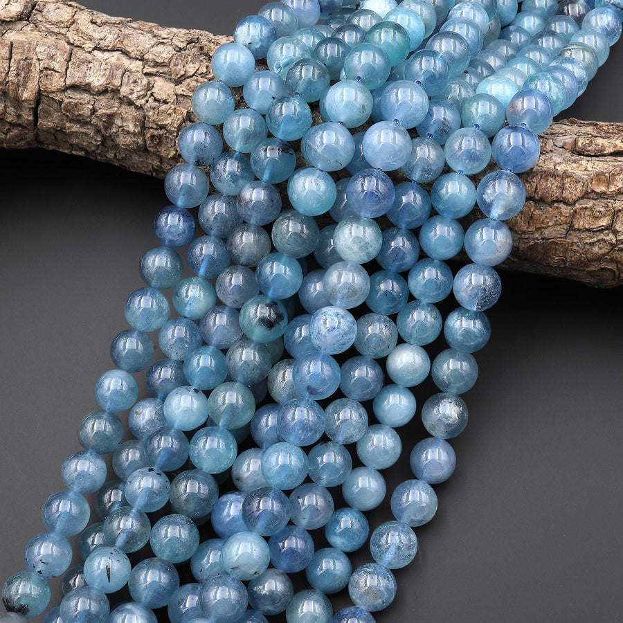 Gemmy Translucent Natural Blue Santa Maria Aquamarine 6mm 7mm 10mm 12mm Smooth Round Beads Gemstone 15.5" Strand