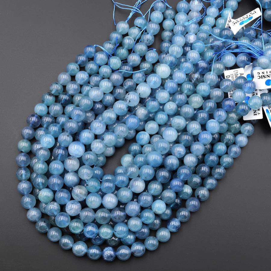 Gemmy Translucent Natural Blue Santa Maria Aquamarine 6mm 7mm 10mm 12mm Smooth Round Beads Gemstone 15.5" Strand