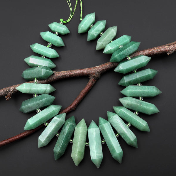 Natural Green Aventurine Beads Double Terminated Points Center Drilled Thin Long Healing Natural Crystal 15.5" Strand A1