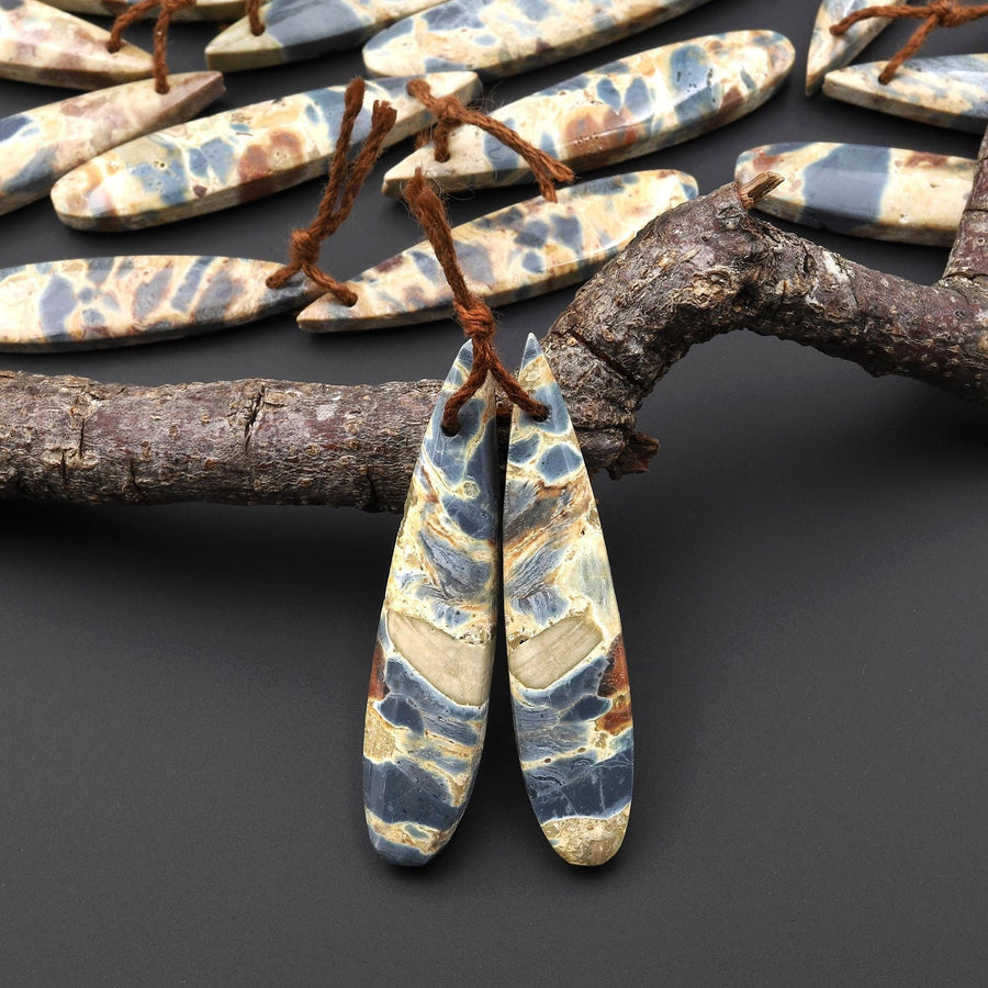Natural Slate Blue Conglomerate Jasper Earring Pair Long Thin Teardrop Cabochon Pair Drilled Matched Gemstone Beads