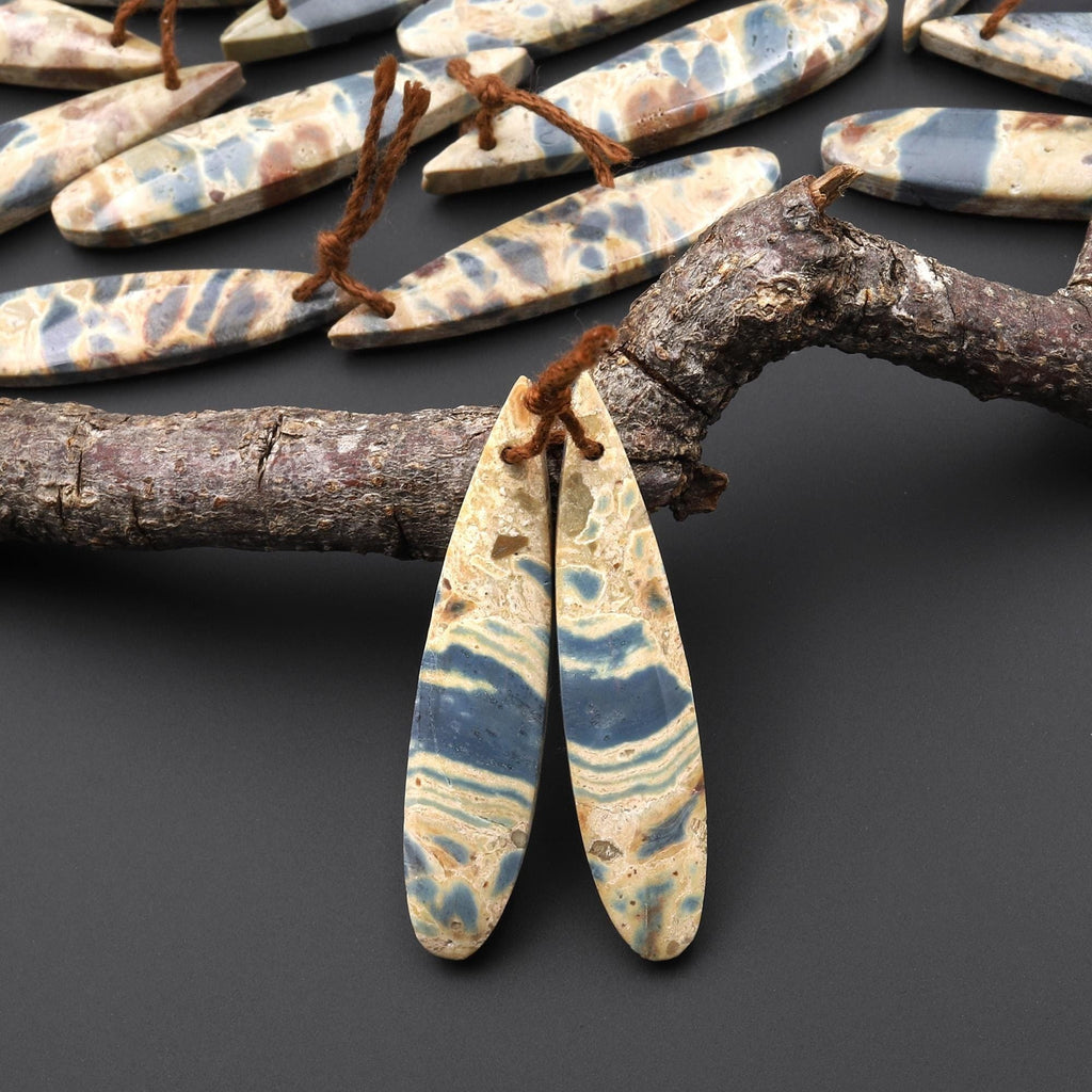 Natural Slate Blue Conglomerate Jasper Earring Pair Long Thin Teardrop Cabochon Pair Drilled Matched Gemstone Beads