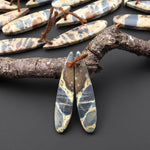 Natural Slate Blue Conglomerate Jasper Earring Pair Long Thin Teardrop Cabochon Pair Drilled Matched Gemstone Beads