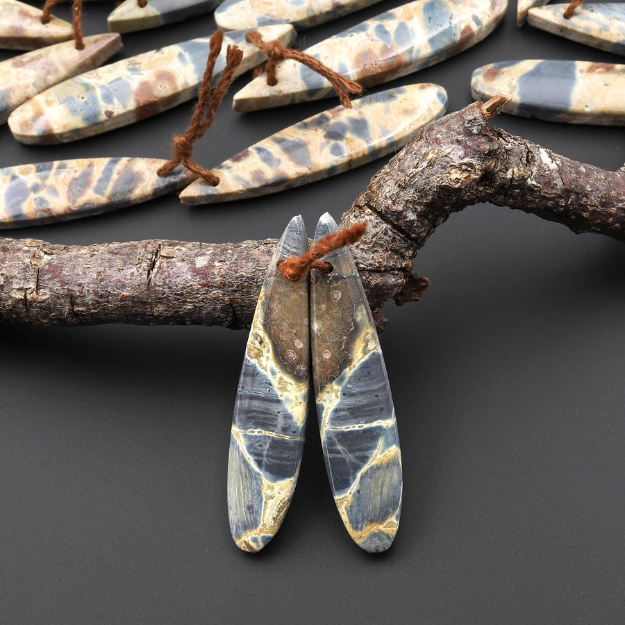 Natural Slate Blue Conglomerate Jasper Earring Pair Long Thin Teardrop Cabochon Pair Drilled Matched Gemstone Beads