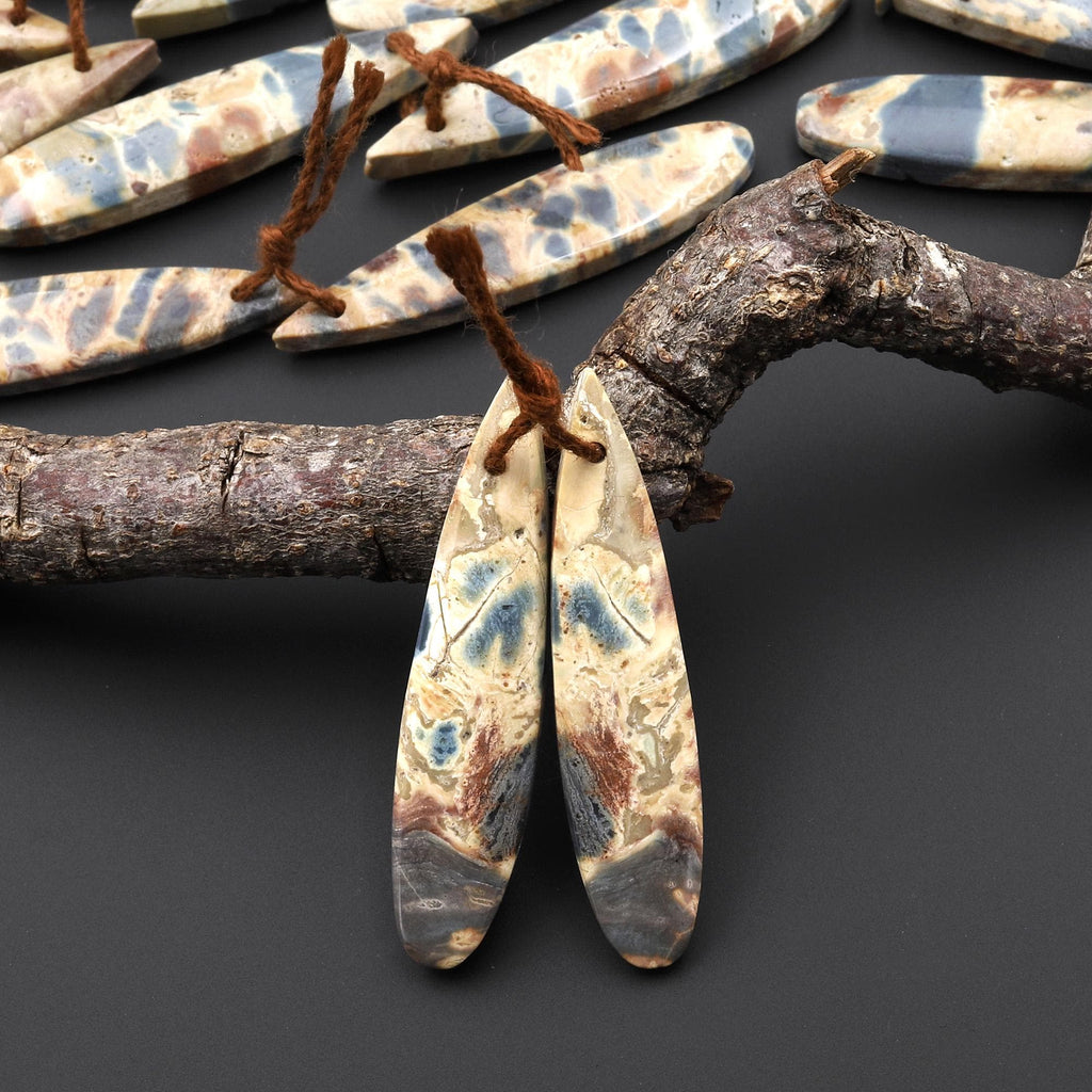 Natural Slate Blue Conglomerate Jasper Earring Pair Long Thin Teardrop Cabochon Pair Drilled Matched Gemstone Beads A9