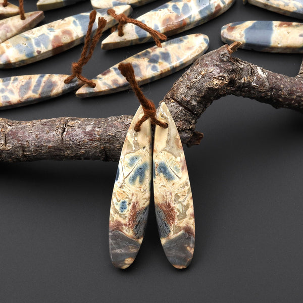 Natural Slate Blue Conglomerate Jasper Earring Pair Long Thin Teardrop Cabochon Pair Drilled Matched Gemstone Beads A9