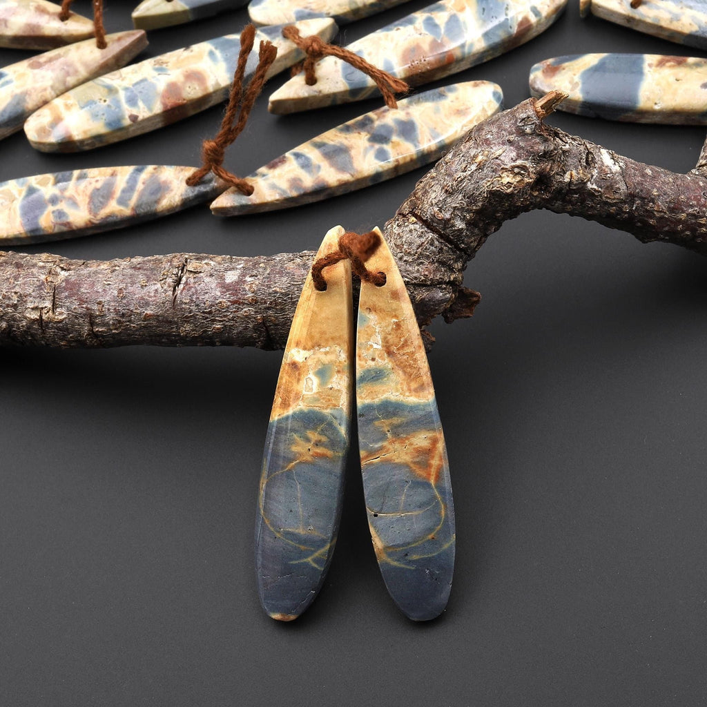 Natural Slate Blue Conglomerate Jasper Earring Pair Long Thin Teardrop Cabochon Pair Drilled Matched Gemstone Beads A11