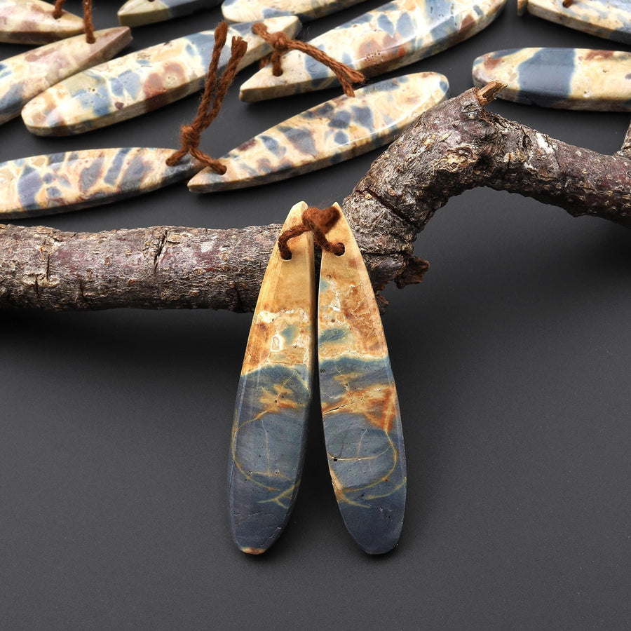 Natural Slate Blue Conglomerate Jasper Earring Pair Long Thin Teardrop Cabochon Pair Drilled Matched Gemstone Beads A11