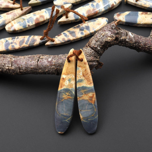 Natural Slate Blue Conglomerate Jasper Earring Pair Long Thin Teardrop Cabochon Pair Drilled Matched Gemstone Beads A11