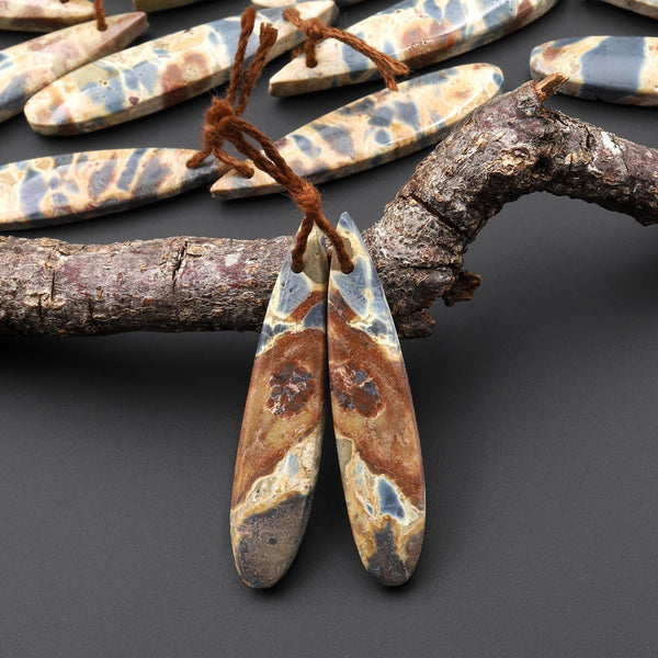 Natural Slate Blue Conglomerate Jasper Earring Pair Long Thin Teardrop Cabochon Pair Drilled Matched Gemstone Beads A12