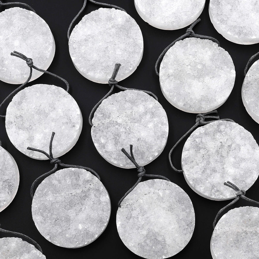 AAA Natural Rock Quartz Druzy Pendant 35mm 40mm Coin Disc Top Side Drilled Pristine White Icy Crystal
