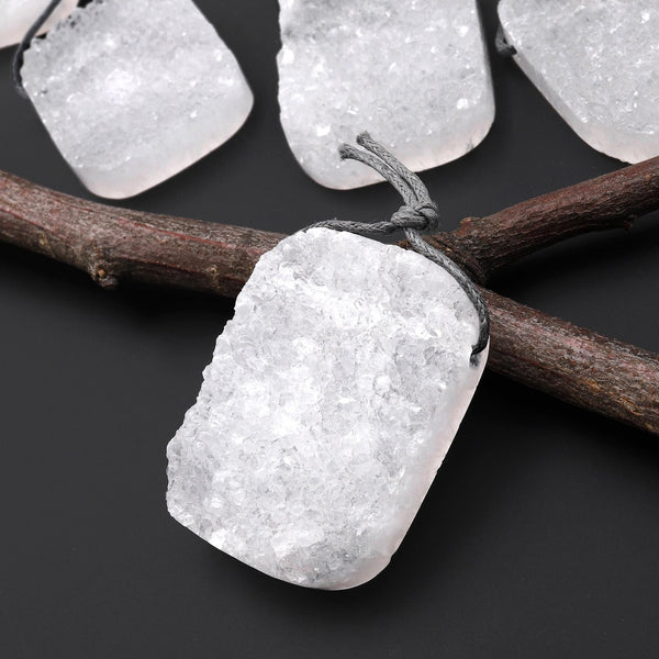 AAA Natural Rock Quartz Druzy Pendant 30x40mm Rectangle Top Side Drilled Pristine White Icy Crystal