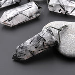 AAA Natural Black Tourmaline Rutilated Quartz Obelisk Point Pendant Side Drilled Long Crystal Tower