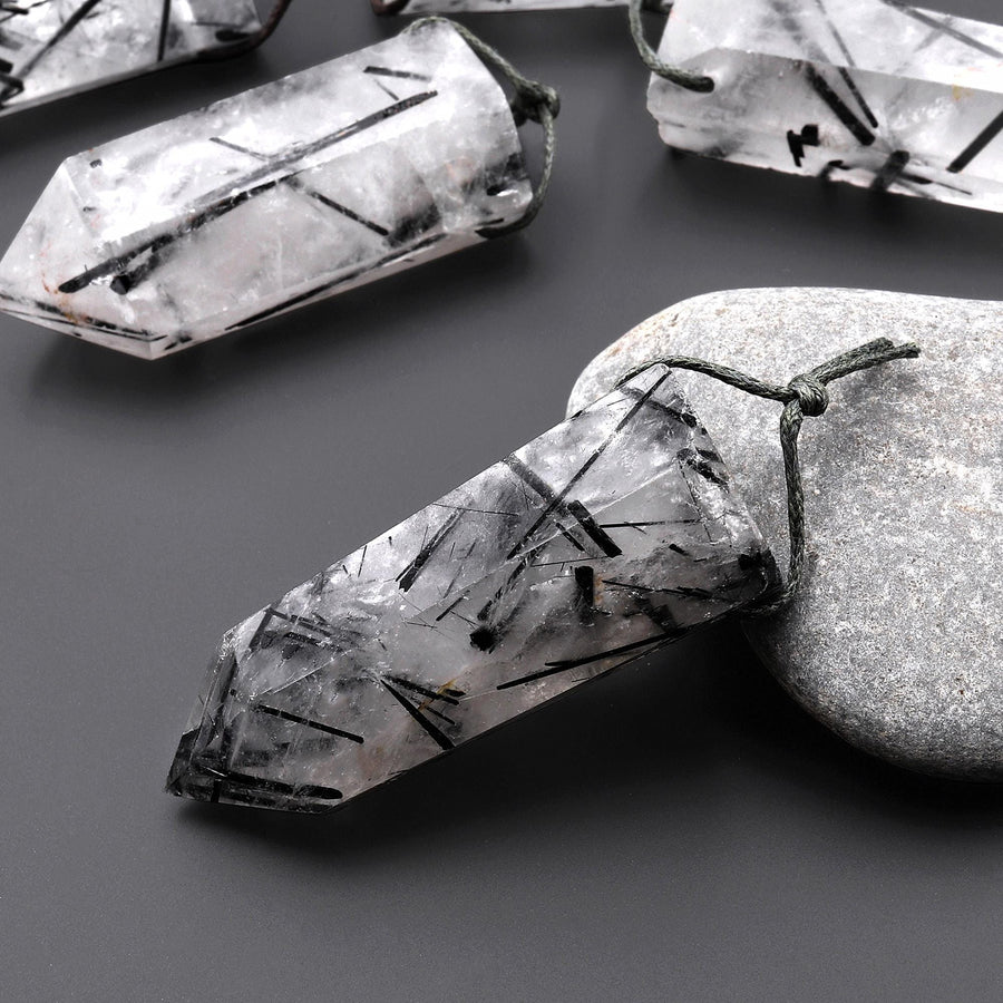 AAA Natural Black Tourmaline Rutilated Quartz Obelisk Point Pendant Side Drilled Long Crystal Tower