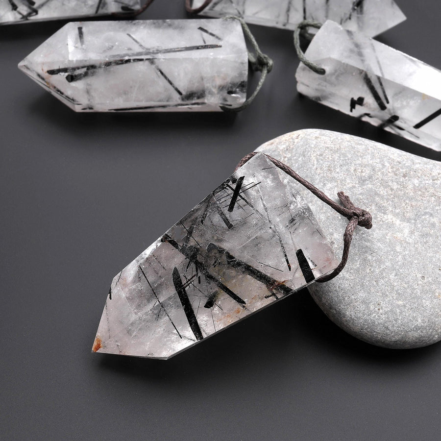 AAA Natural Black Tourmaline Rutilated Quartz Obelisk Point Pendant Side Drilled Long Crystal Tower A3