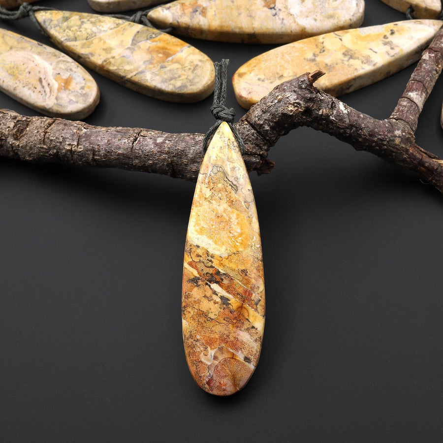 Natural Mexican Yellow Galaxy Jasper Pendant Top Side Drilled Long Teardrop Pendant