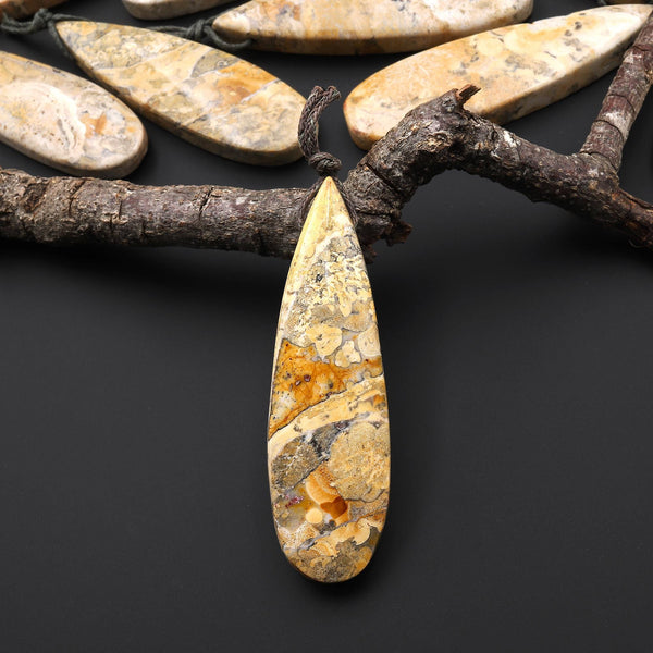 Natural Mexican Yellow Galaxy Jasper Pendant Top Side Drilled Long Teardrop Pendant