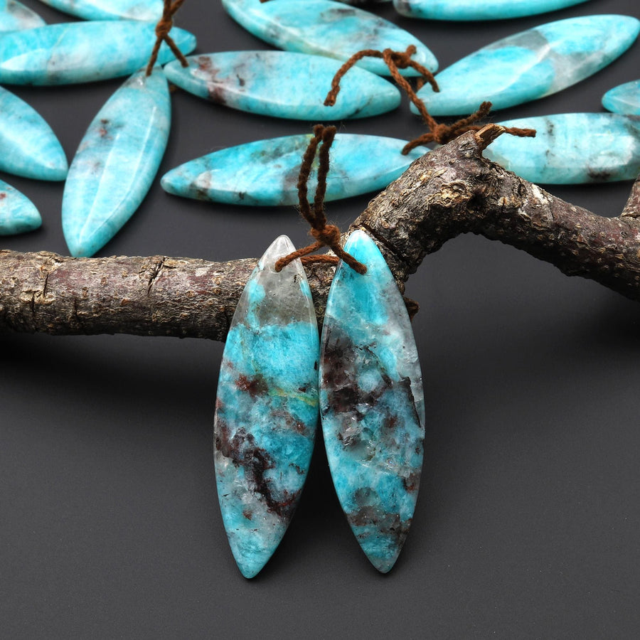Natural Madagascar Blue Amazonite Marquise Leaf Shape Earring Drilled Matched Gemstone Bead Pair