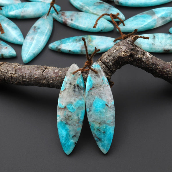 Natural Madagascar Blue Amazonite Marquise Leaf Shape Earring Drilled Matched Gemstone Bead Pair