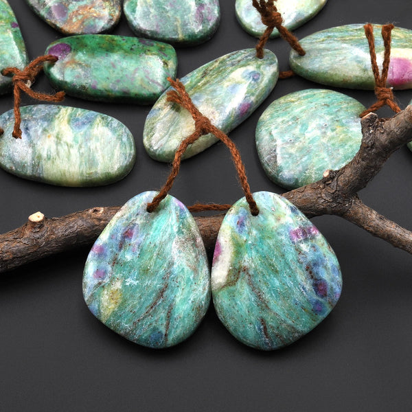 Natural Ruby Fuchsite Earring Pair Freeform Matched Gemstone Beads A1